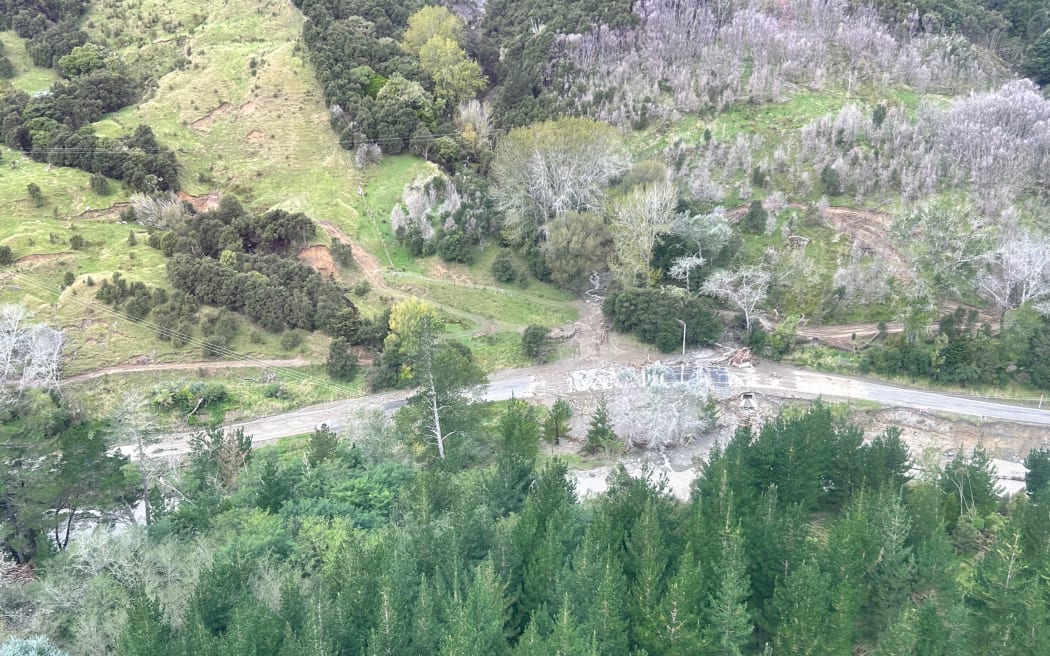 Flood damage as seen from the sky over Tokomaru Bay around the Mangahauini river.