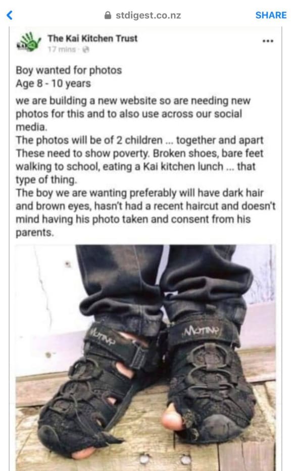 A screenshot of The Kai Kitchen's Facebook page showing an advertisement for a child model to represent poverty.