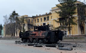 A Ukrainian armoured personnel carrier (APC) BTR-4 destroyed as a result of fighting not far from the centre of Ukrainian city of Kharkiv on 28 February, 2022.