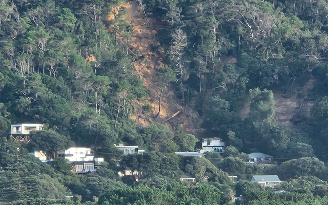 Slips at Muriwai following Cyclone Gabrielle.