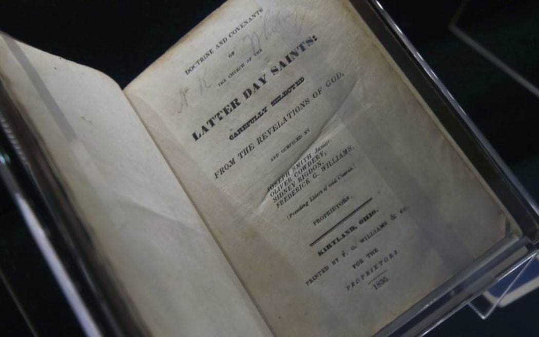 An 1835, first edition of the Mormon scripture, "Doctrine and Covenants", revelations from Mormon Church Founder Joseph Smith, is displayed at the Church of Jesus Christ of Latter-Day Saints Church History Library.