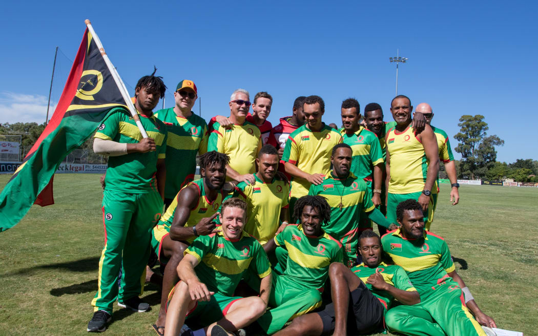 Vanuatu celebrate winning the East Asia Pacific World Cricket League Qualifier.