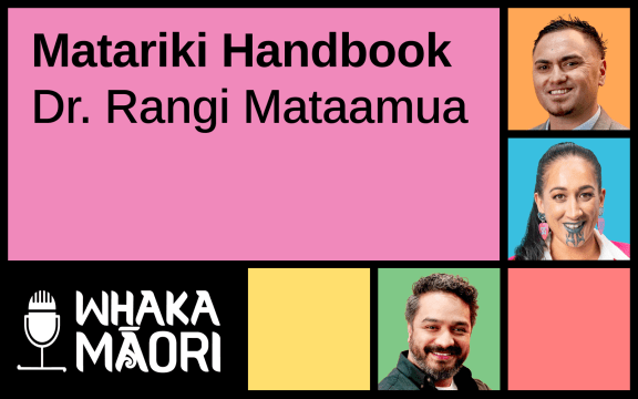 Text reads "Tuarua, Matariki Handbook, Dr. Rangi Mataamua", surrounding this text are the Whakamāori logo and the faces of the three hosts for the episodes.