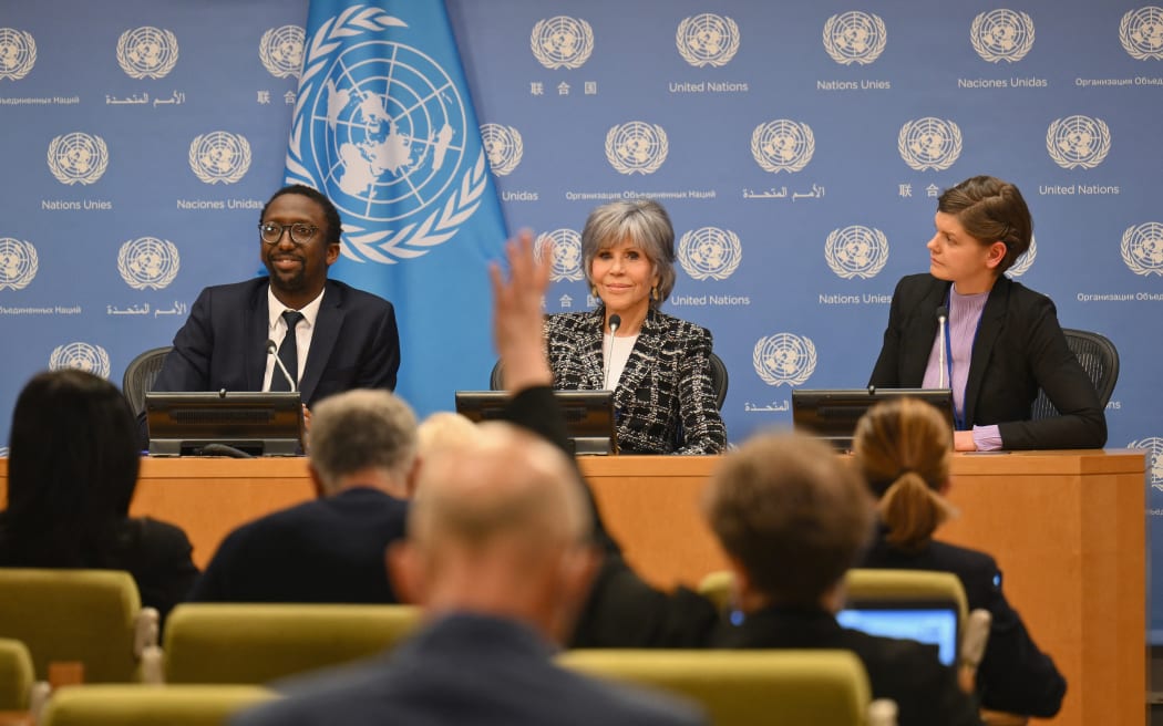 French Secretary of State for the Sea Hervé Berville, US actress and activist Jane Fonda, and Ocean and Polar advisor with Greenpeace Laura Meller at a media conference on the High Seas Treaty at the UN in New York, , March 2023.