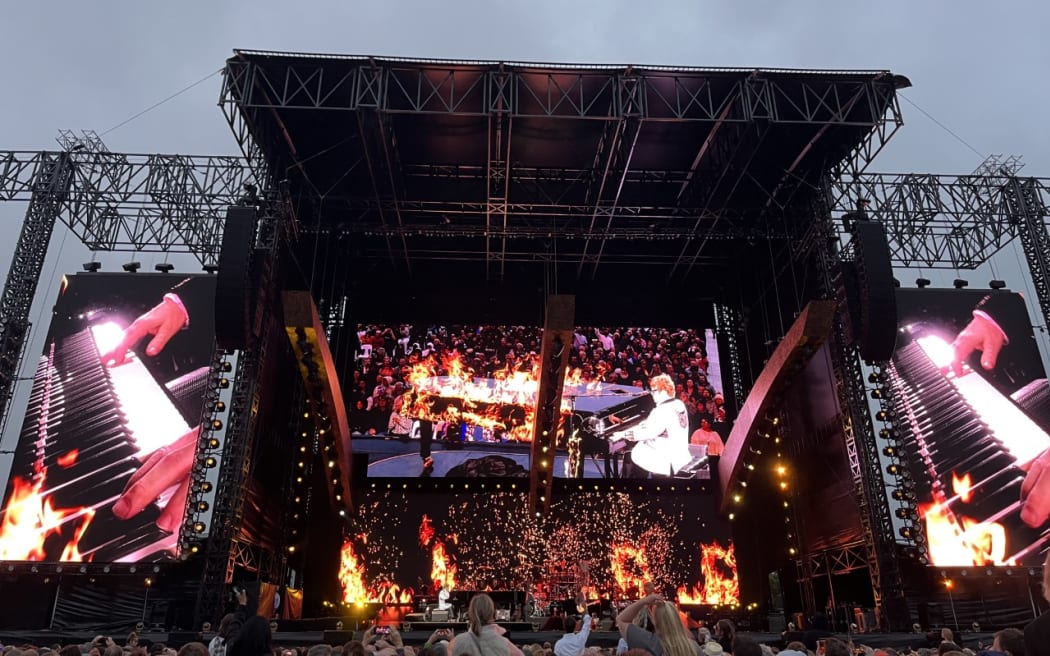 Sir Elton John onstage at Christchurch's Orangetheory Stadium on his Farewell Yellow Brick Road tour.