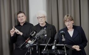 Dame Silvia Cartwright (centre), former Chief District Court judge and Governor-General, and Frances Joychild, KC, (right) speaking at the media conference where the independent inquiry into historical abuse at Auckland's Dilworth boys school was released on 18 September, 2023.