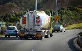 Petrol tanker leaving Wellington up the Ngauranga Gorge.