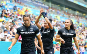 New Zealand halfback Tyla Nathan-Wong with teammates Portia Woodman (right) Stacey Waaka (left)