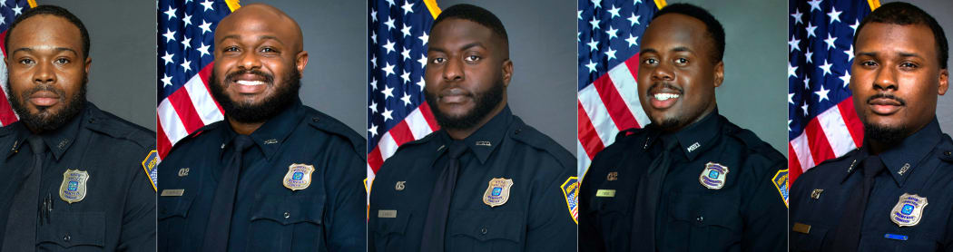 (COMBO) This combination of photos from the  Memphis Police Department in Tennessee created on January 26, 2023 shows, former Memphis, Tennessee, police officers (L-R) Demetrius Haley, Desmond Mills, Emmitt Martin, Tadarrius Bean, and Justin Smith. - US authorities on January 26, 2023 charged five officers with second-degree murder over the fatal beating of a Black man in the eastern state of Tennessee following a traffic stop. (Photo by Handout / Memphis Police Department / AFP) / RESTRICTED TO EDITORIAL USE - MANDATORY CREDIT 