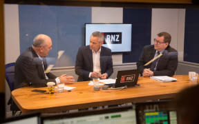 National's Steven Joyce, left, RNZ host Guyon Espiner, and Labour's Grant Robertson in Morning Report's Auckland studio.