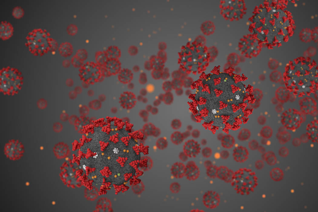 3D rendering, coronavirus cells covid-19 influenza flowing on grey gradient background as dangerous flu strain cases as a pandemic medical health risk concept of disease cells risk