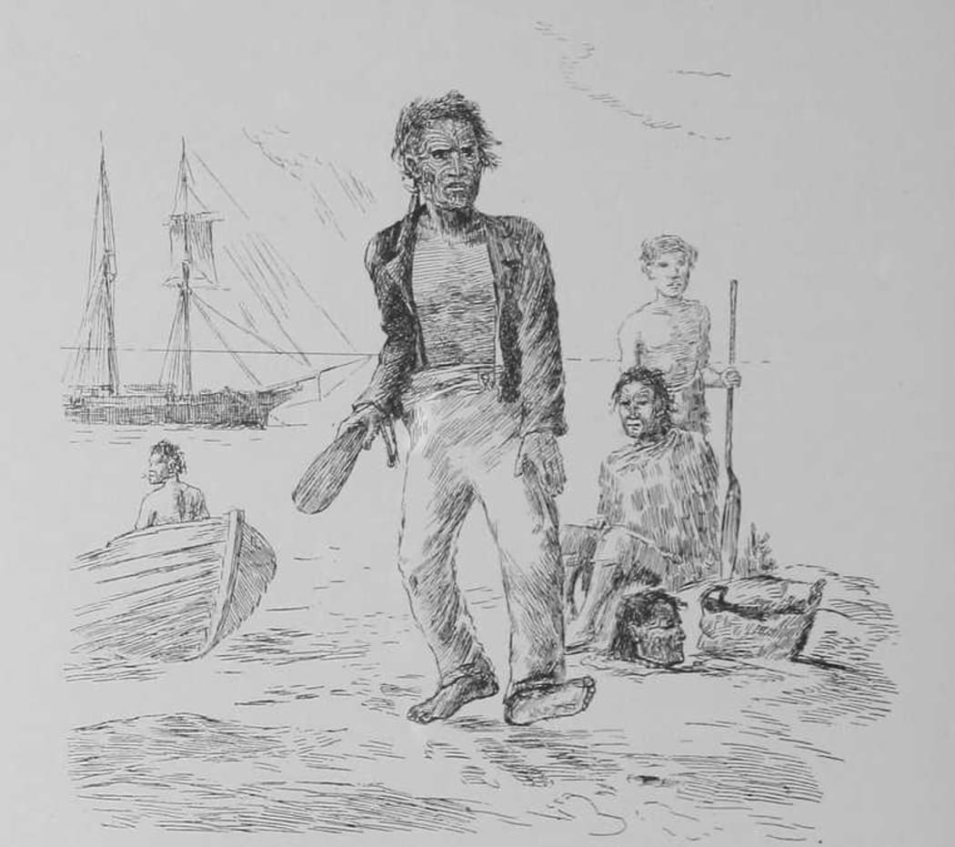 An imagined scene from Robley's book depicting a Maori chief selling mokomokai to European traders.