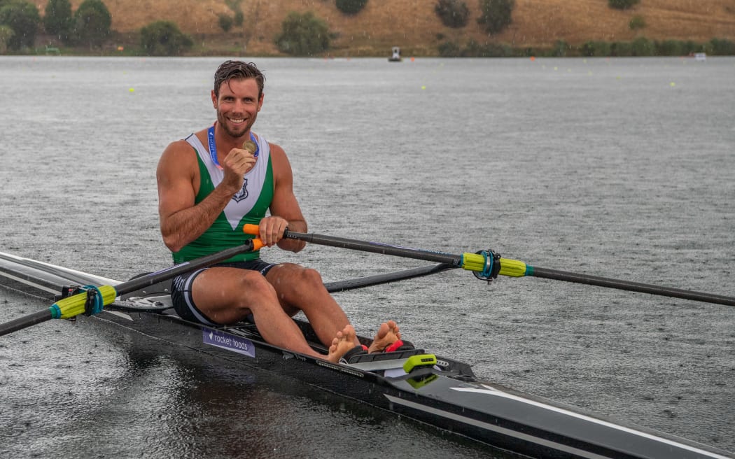 Robbie Manson wins the men's single at the 2020 National Rowing Championships, Lake Karapiro.