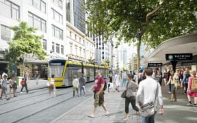 An artists' visualisation for Auckland Transport of light rail in the city.
