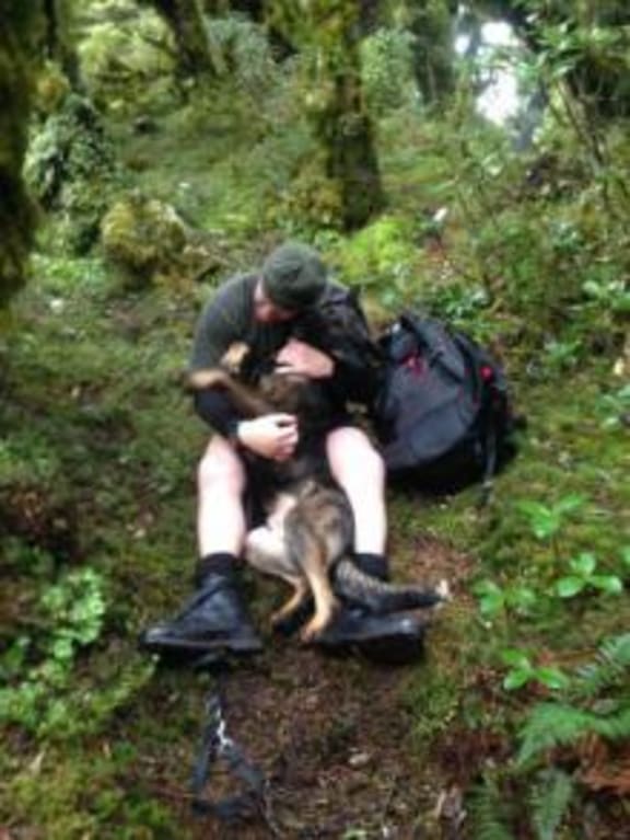 The moment Constable Mike Wakefield and Thames are reunited in a bush clearing in the Tararua Forest Park.