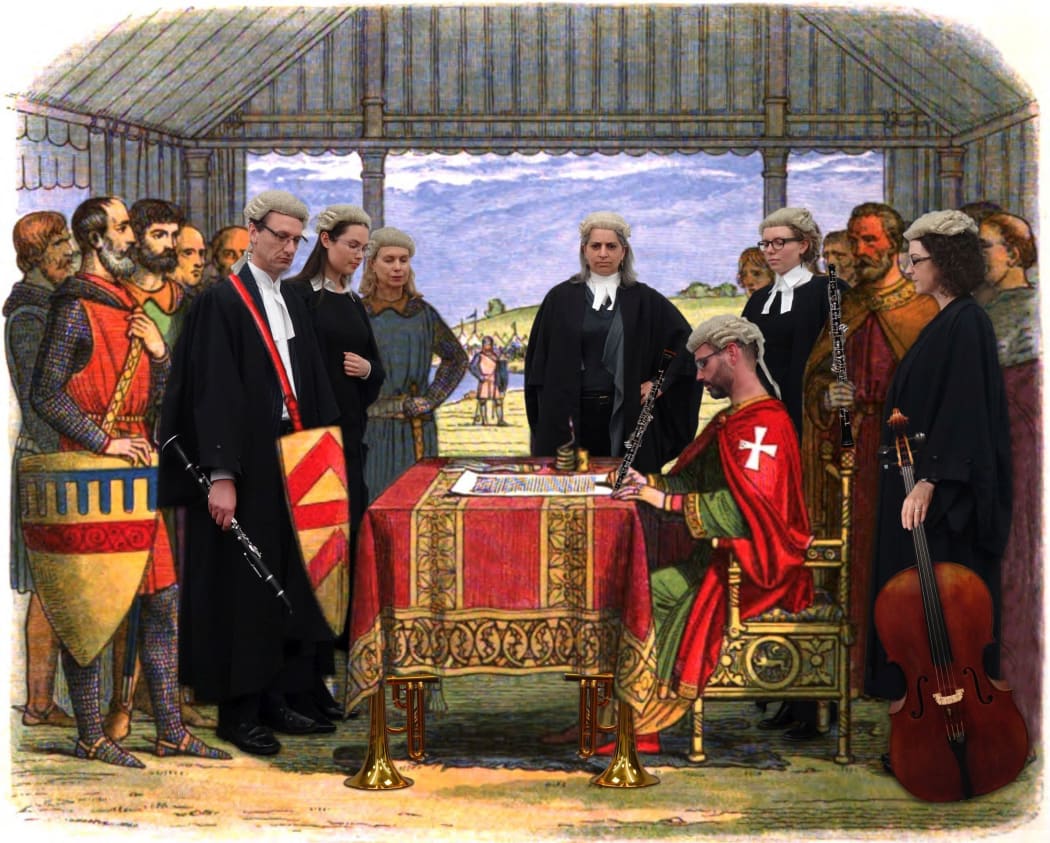 Crown Counsel lawyers mockup of the signing of the Magna Carta