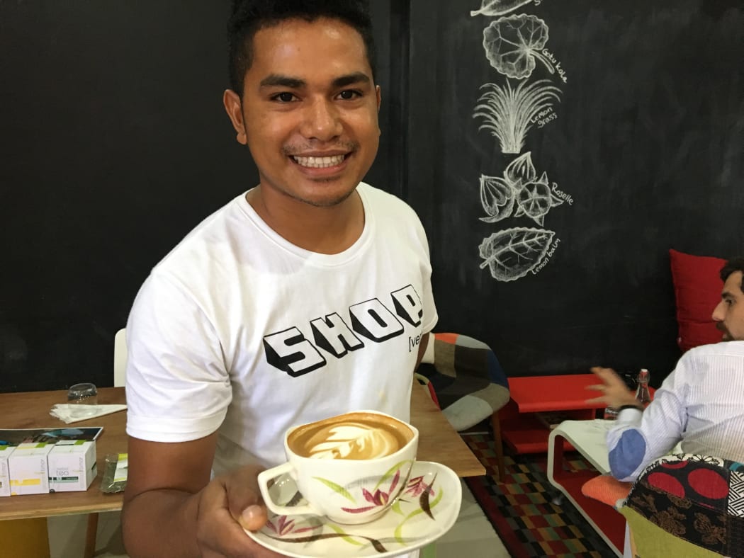 Tozy Correia Goncalves comes from a coffee farm. He's learnt barista skills at the Agora Cafe in Dili.