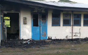 Fire-damaged Bluesky substation in Aroa on Rarotonga.