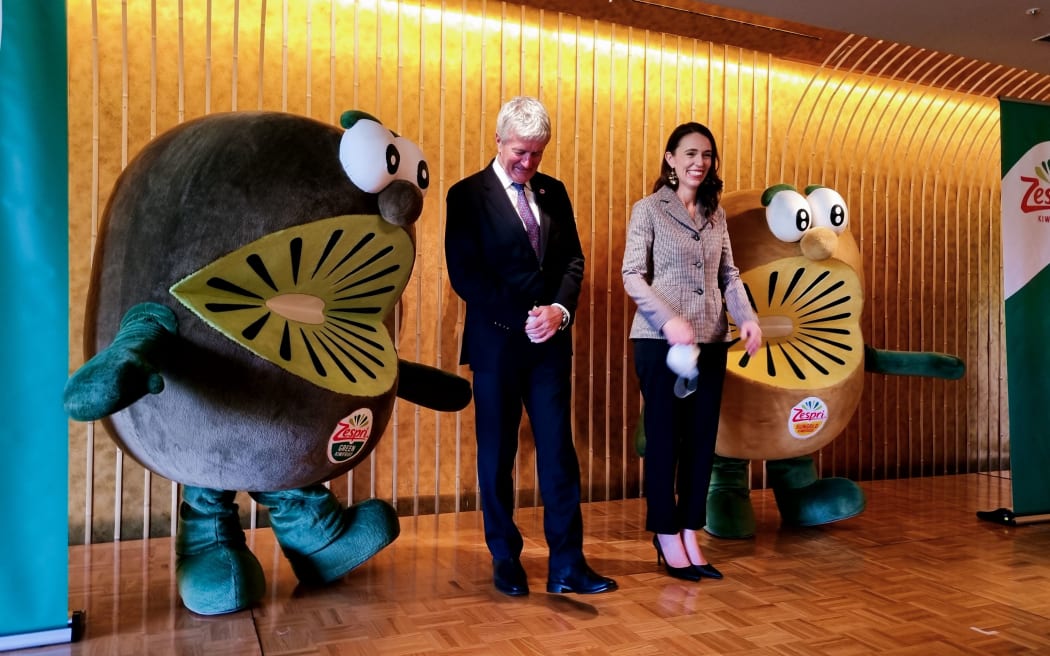 Prime Minister Jacinda Ardern and Trade Minister Damien O'Connor at a Zespri kiwifruit event on their trade delegation's first day in Tokyo.
