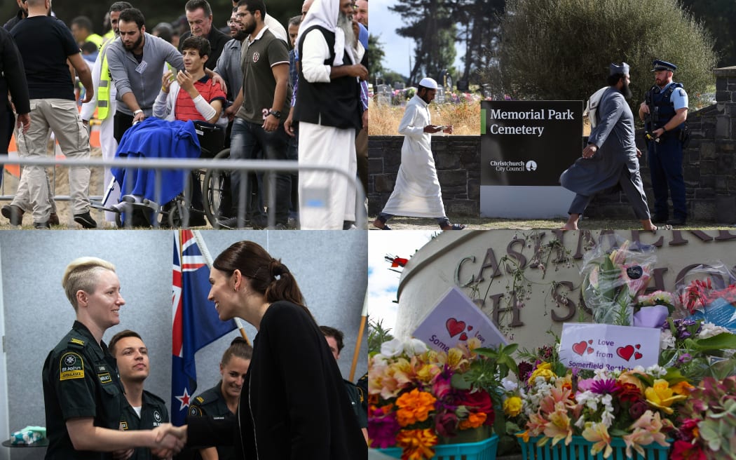 (clockwise from top left) Zaid Mustafa at the funeral of his brother and father; mourners arrive at Memorial Park Cemetery, a tribute at Cashmere High School; Jacinda Ardern meets first responders.