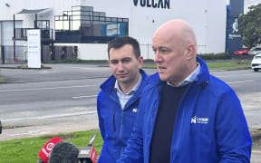 National Party transport spokesperson Simeon Brown and party leader Christopher Luxon speaking to the media about its Pothole Repair Fund pledge on 16 July 2023 in Auckland.