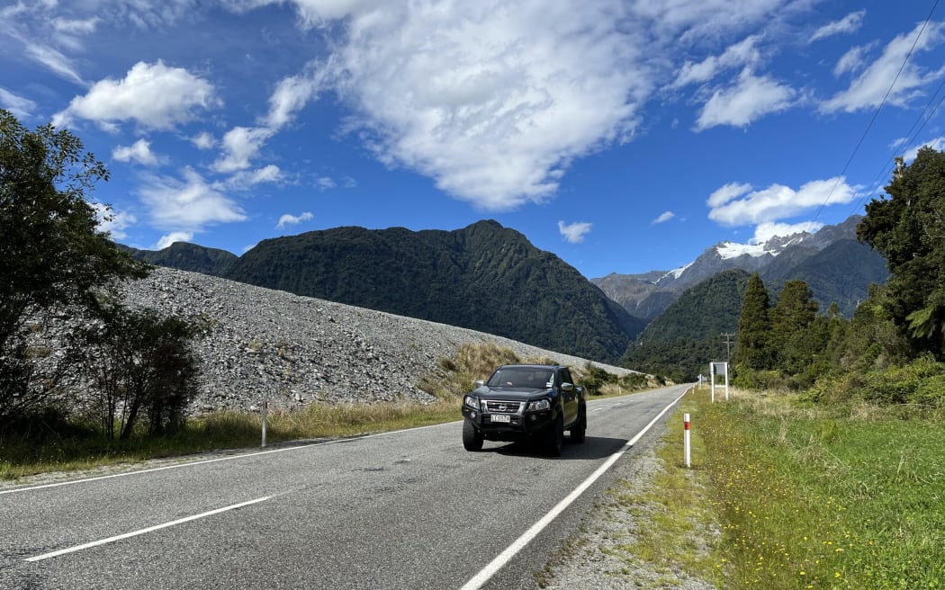 The height of the NZ Transport Agency/Waka Kotahi stopbank adjoining State Highway 6 south of Franz Josef graphically illustrates the hazard issue faced in the area.