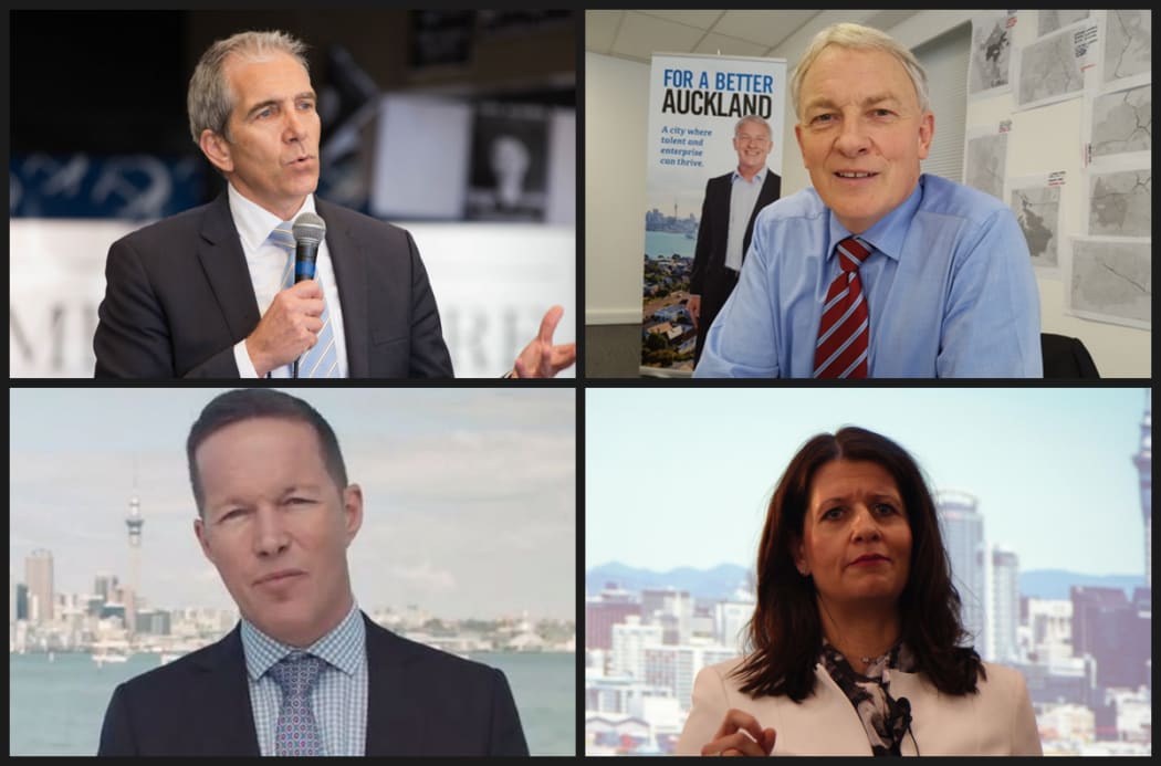Four of the Auckland mayoral candidates, clockwise from top left: John Palino, Phil Goff, Vic Crone and Mark Thomas