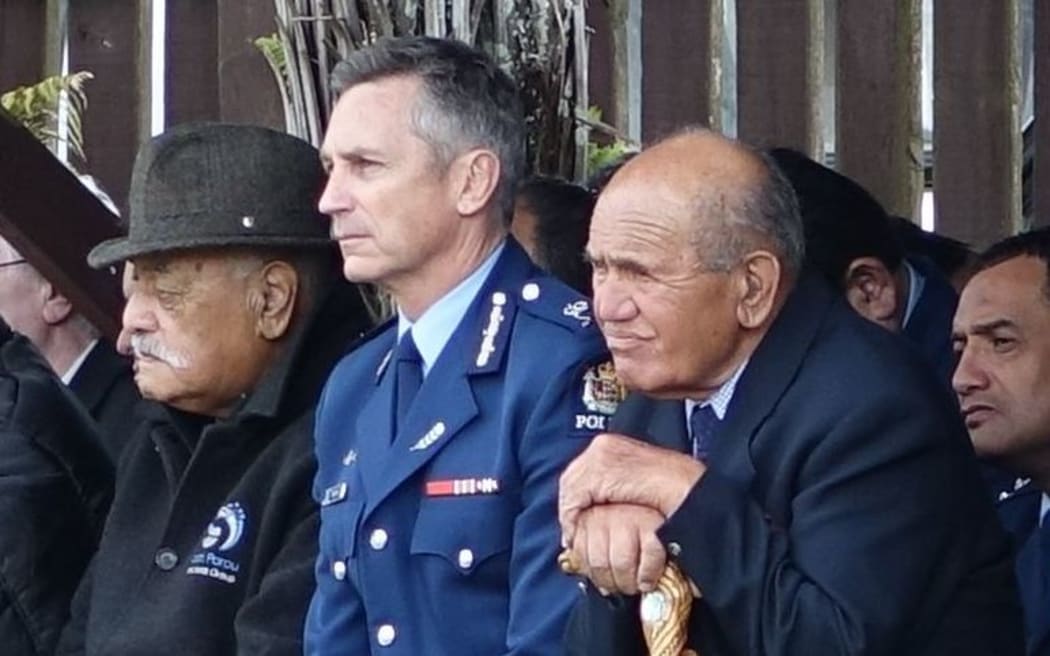 Police Commissioner Mike Bush and kaumatua at Te Rewarewa Marae.
