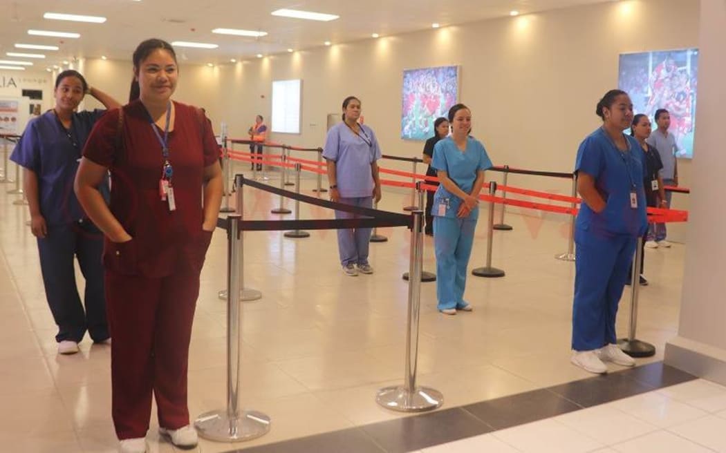 Students from the Queen Salote School of Nursing participate in the repatriation drill.