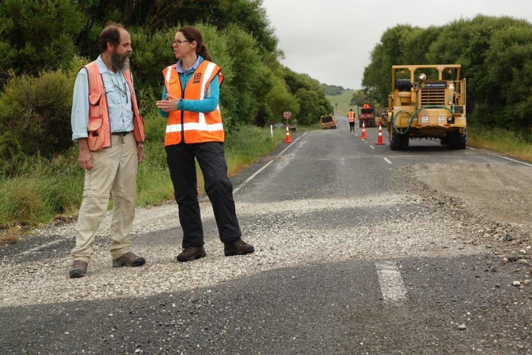 GNS scientists discuss the road displacement at Kekerengu, south of Ward where roadworks have been under way since the November quake.
