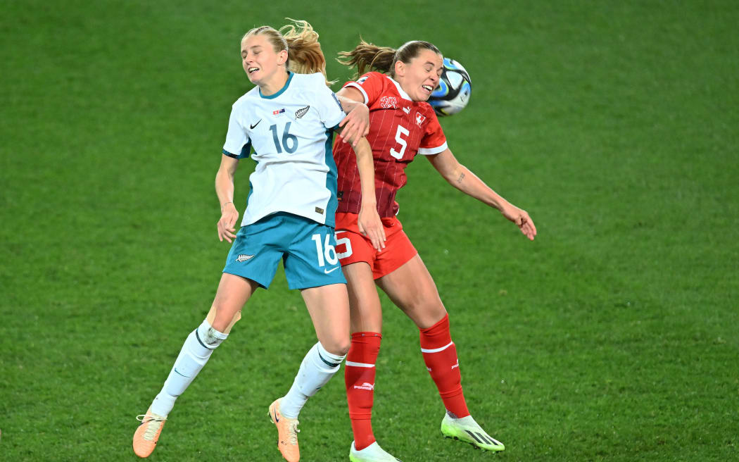 New Zealand's Jacqui Hand in action against Switzerland, 2023 FIFA World Cup.