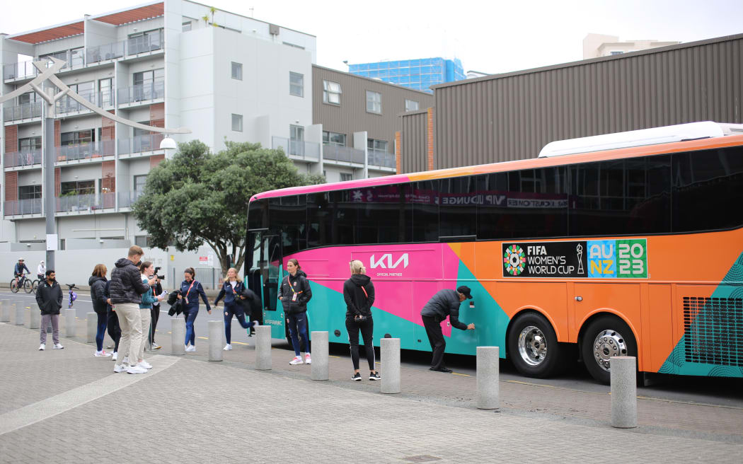 International football teams arrive at Spark Arena for the official FIFA Women's World Cup pōwhiri.