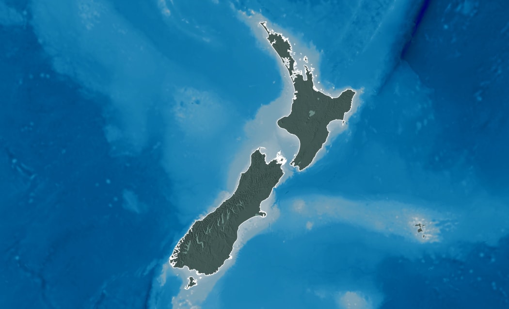 Extended area of outlined New Zealand. Colored elevation map. 3D rendering