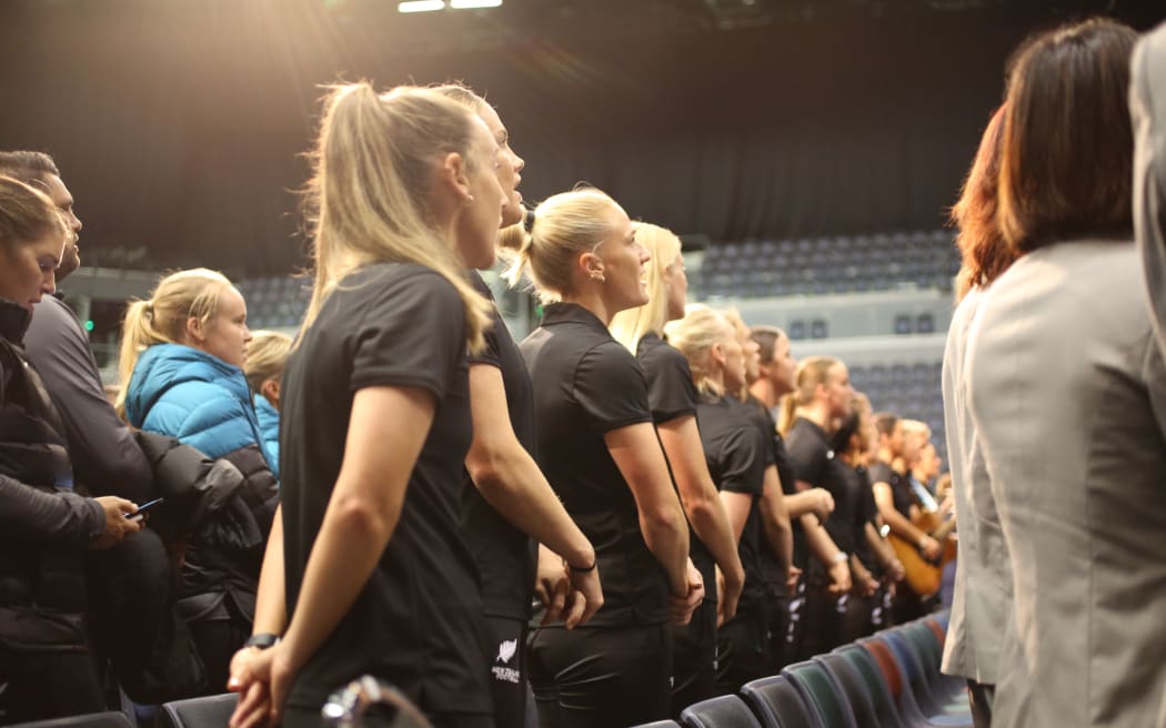 The NZ Football Ferns leading a waiata at the official pōwhiri for the FIFA Women's World Cup 2023.
