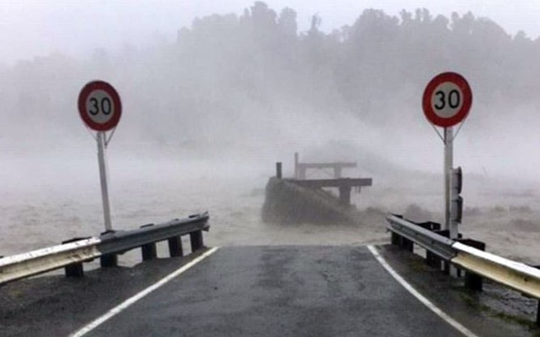 The Waiho Bridge has been totally taken out by the weather hitting Westland.