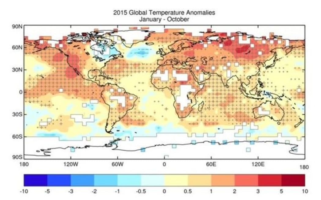 A map showing how far 2015's temperatures have deviated from the 1961-1990 average.