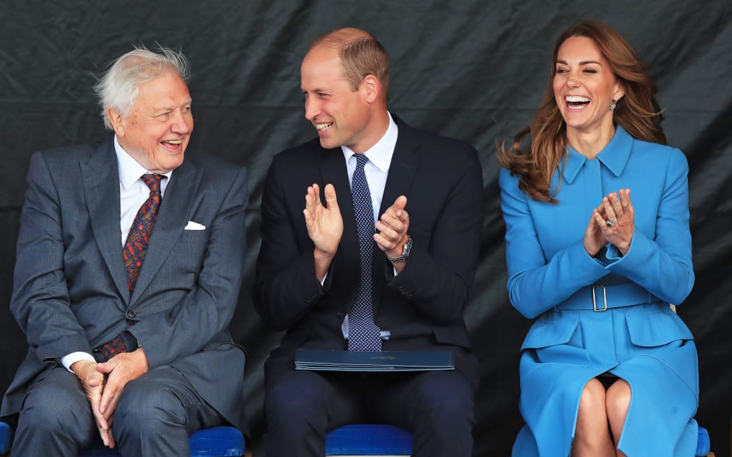 Britain's Prince William, Duke of Cambridge, (C), Catherine, Duchess of Cambridge (R) and Sir David  Attenborough (L) attend the naming ceremony of Britain's new polar research ship, the RRS Sir David Attenborough in Birkenhead, d on September 26, 2019.
