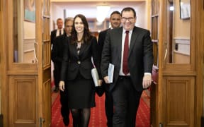 Jacinda Ardern, Grant Robertson, Winston Peters, and James Shaw head to the House to present the 2020 Budget.