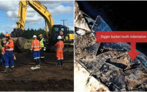 Pipeline repairs, at left, and an image released by Refining NZ on the pipeline damage.
