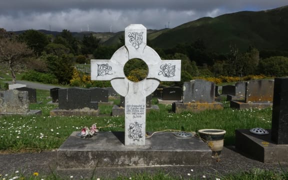 Celtic tombstone cross in white marble