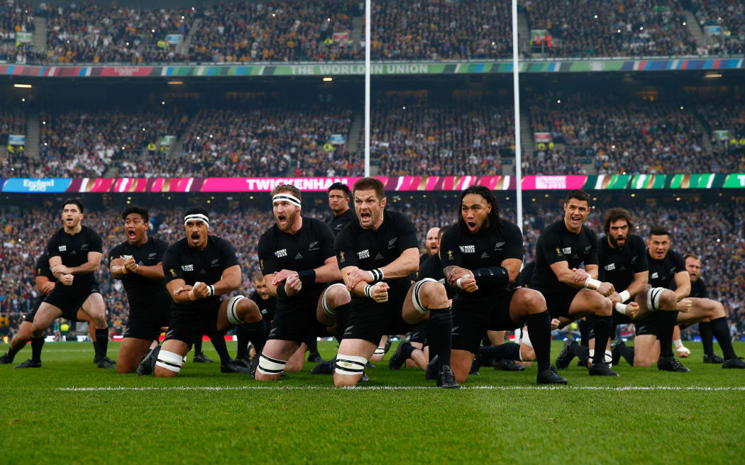 The All Blacks perform the haka during the 2015 Rugby World Cup Final match between New Zealand and Australia at Twickenham.