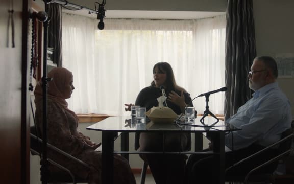 (L-R) Shahd, Wajd, and dad Sameer recording their episode of the podcast