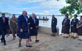 Fiji's President Ratu Wiliame Katonivere (front and centre) arrrives at Bau Island for the reinstatement of the Great Council of Chiefs. 24 May 2023