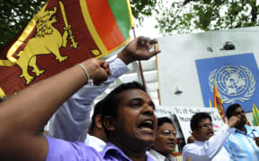 Sri Lankan demonstrators protested at the UN in 2010 against the appointment of war crimes panel.