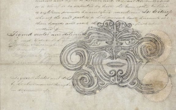 Detail from the deed of sale of Cloudy Bay to John Blenkinsopp. The moko pattern is believed to either belong to Te Rauparaha or Te Rangihaeata.