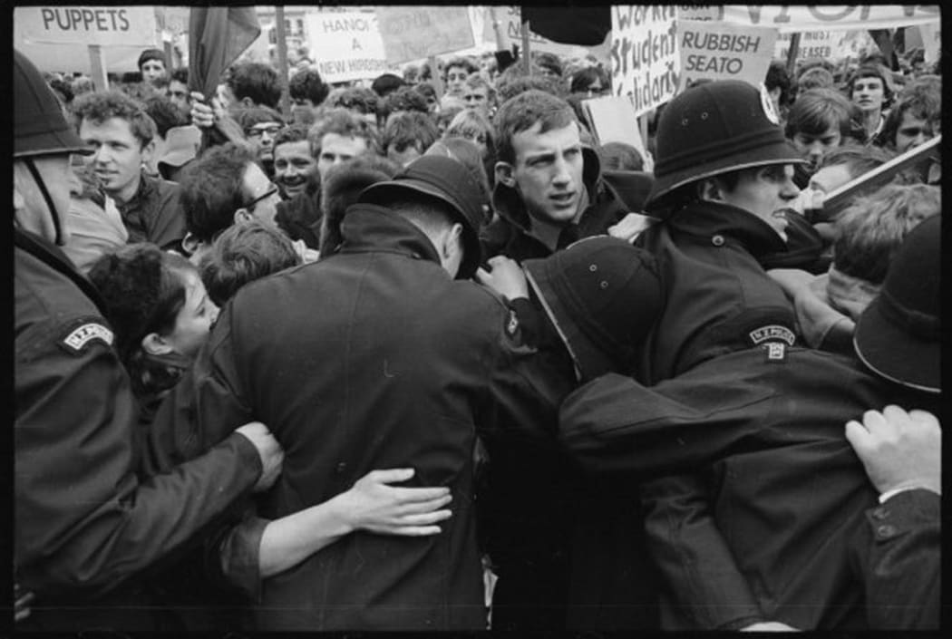 Police struggling to contain student protestors at the opening of Parliament, June 1968.