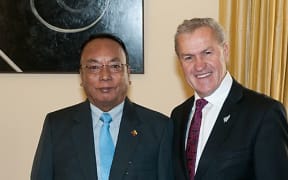 Mynamar's Speaker of the Upper House, U Khin Aung Myint with New Zealand's Speaker of the House, David Carter.