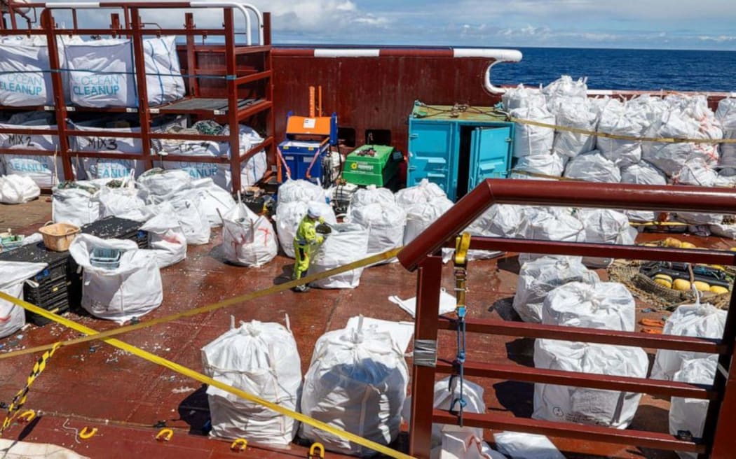 Tens of thousands of pounds of trash are sorted after being removed from the Great Garbage Patch on August 10, 2023.