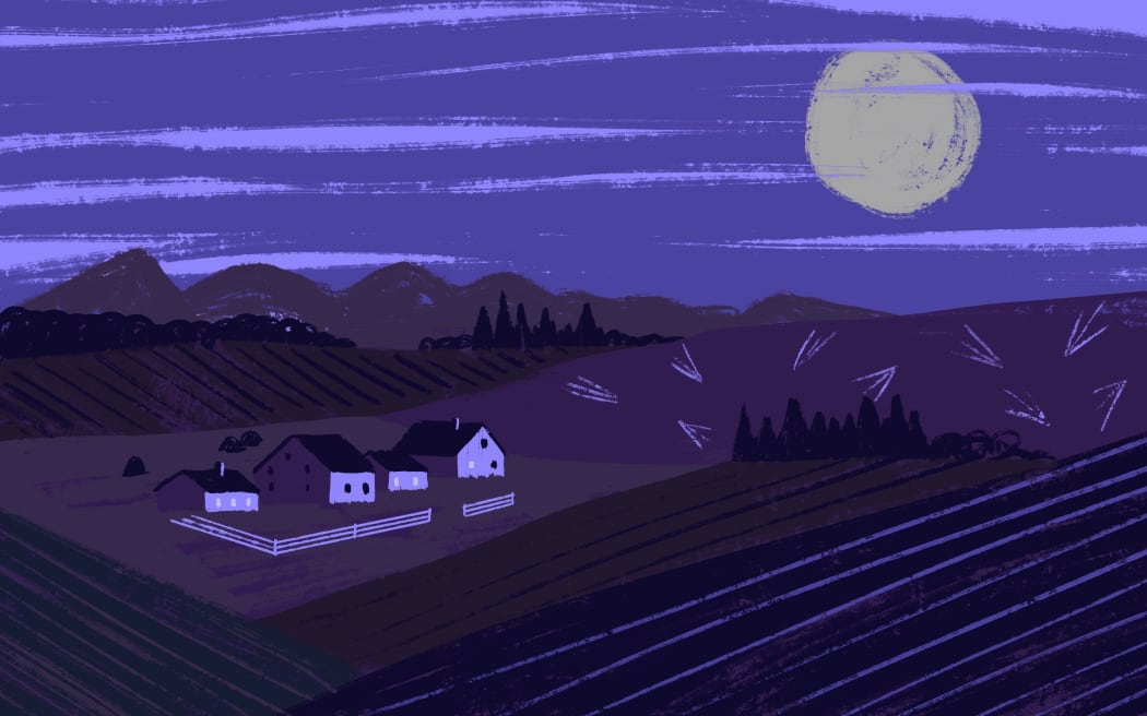 Eerie illustrated scene of farmland and farm house lit by the moonlight using dark tones