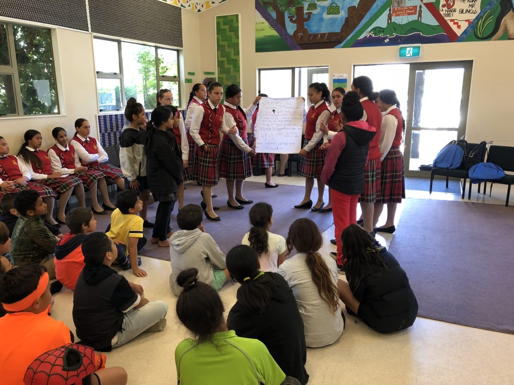 Students from Hukarere Māori Girls school at Maraenui Bi-lingual school.